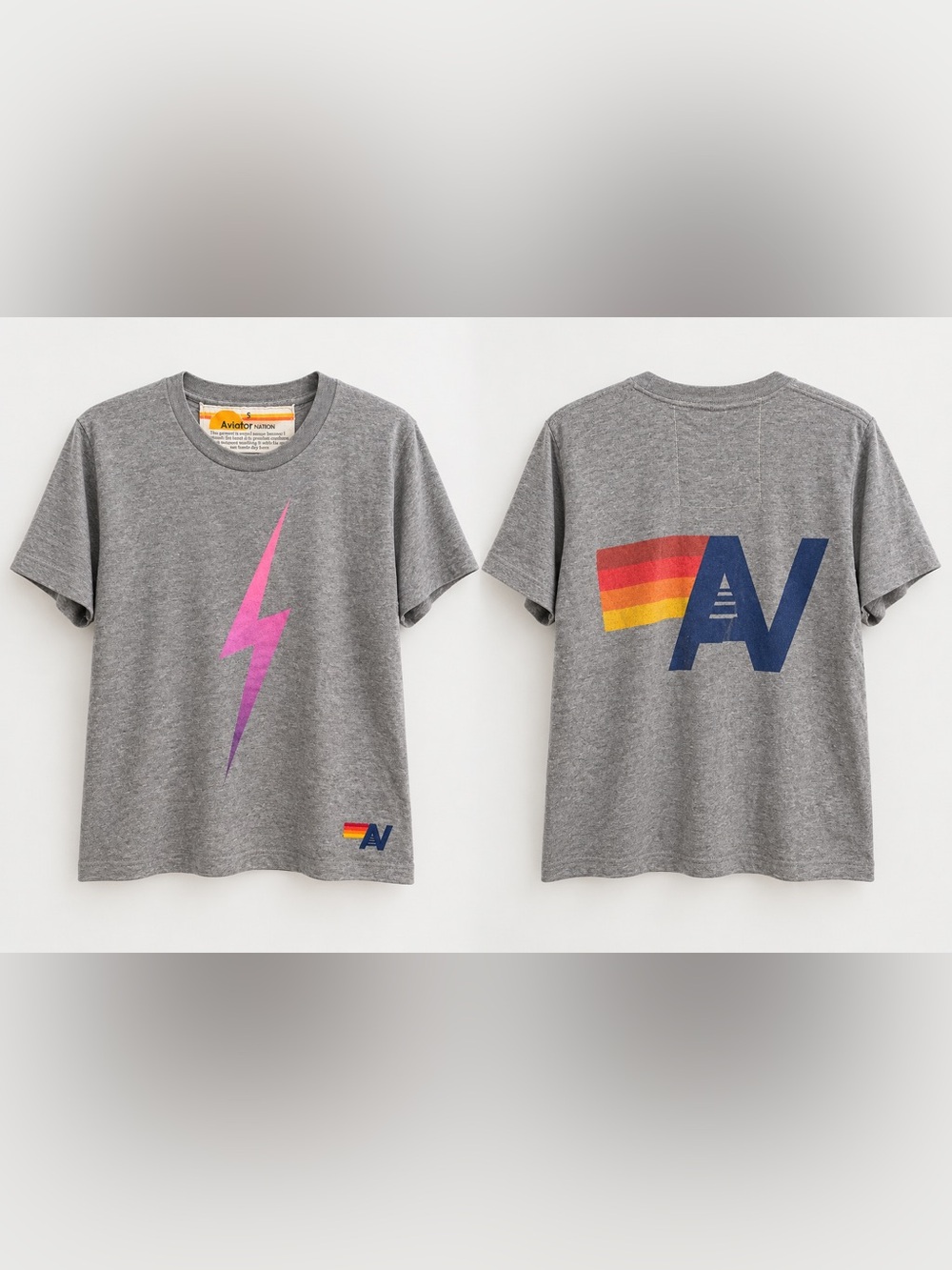 π¦ Aviator Nation Gray Tee with Pink Lightning and Retro Rainbow